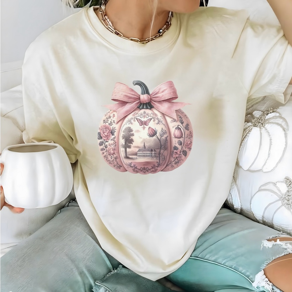 Pink Toile de Jouy Shirt, Cute Pumpkin Shirt, Fall Fashion Shirt, Cottagecore